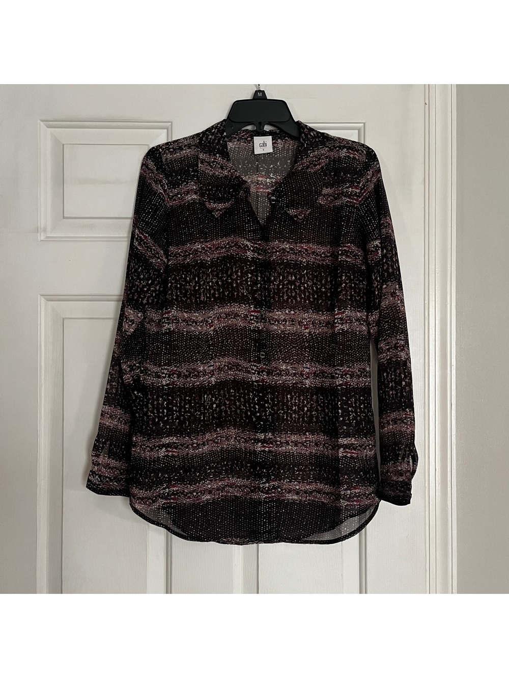 cabi Sheer Long Sleeve Blouse in Black with Multicolor Abstract Print, Size S